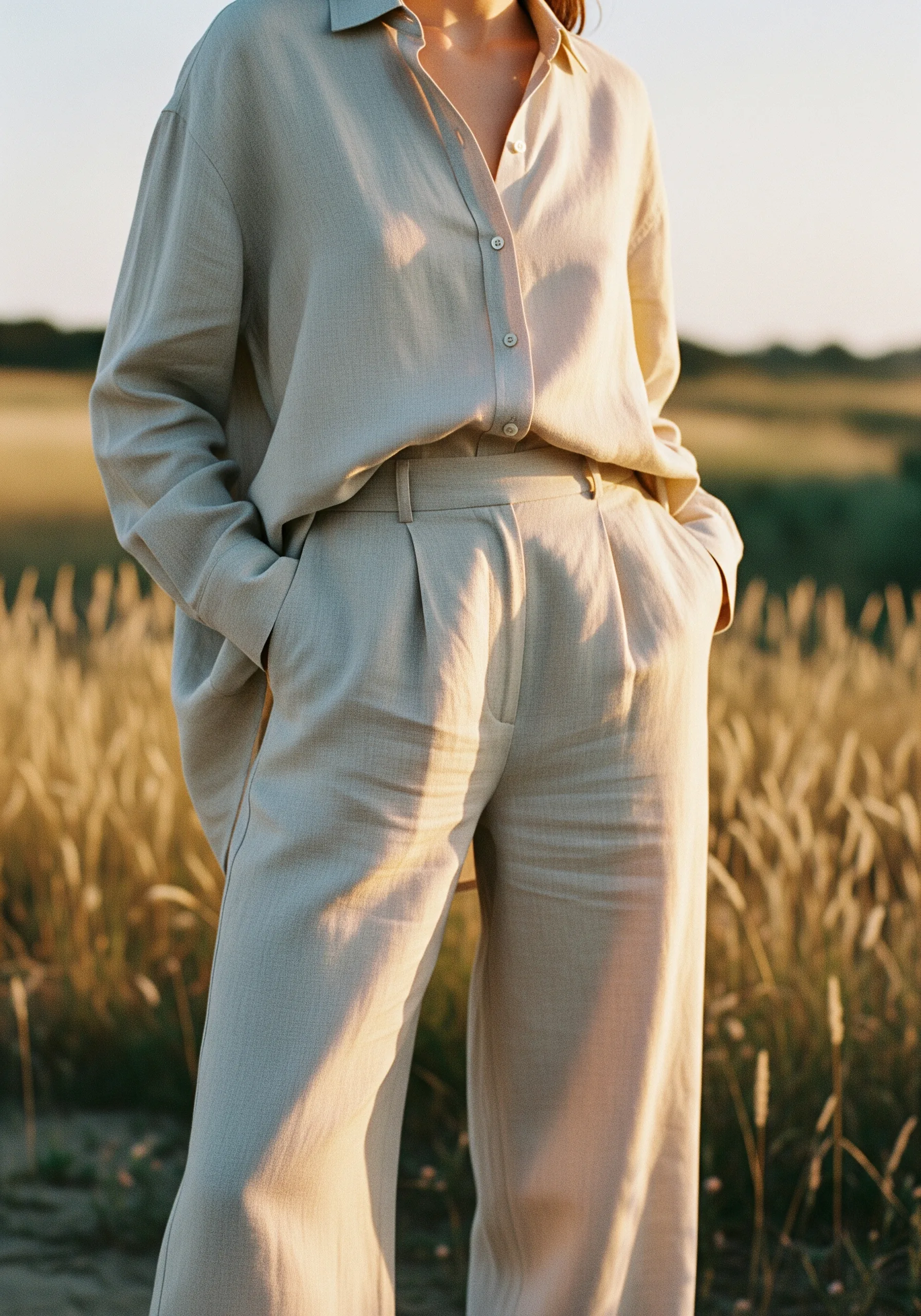 Flowing linen ensemble in warm cream and oatmeal tones