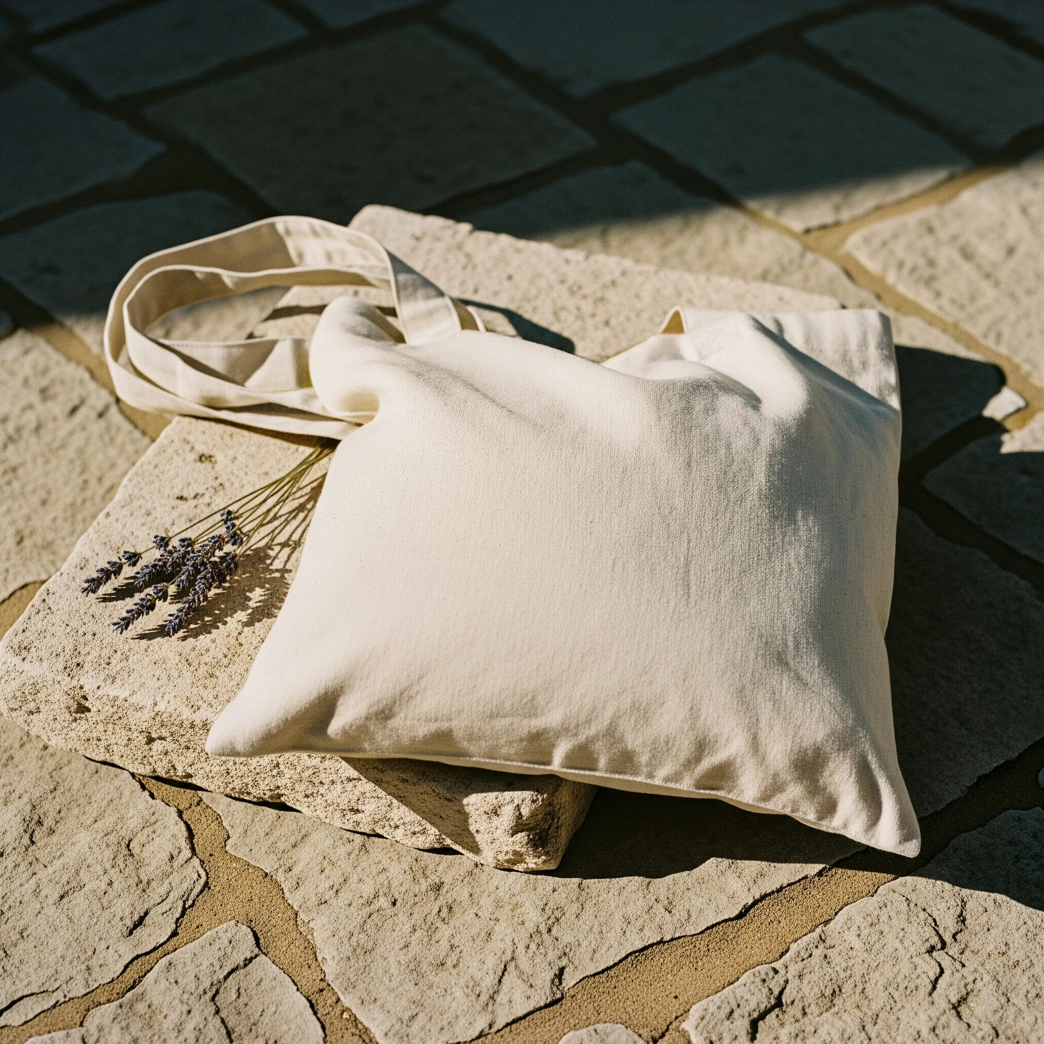 Natural hemp canvas tote bag on a stone slab with dried lavender